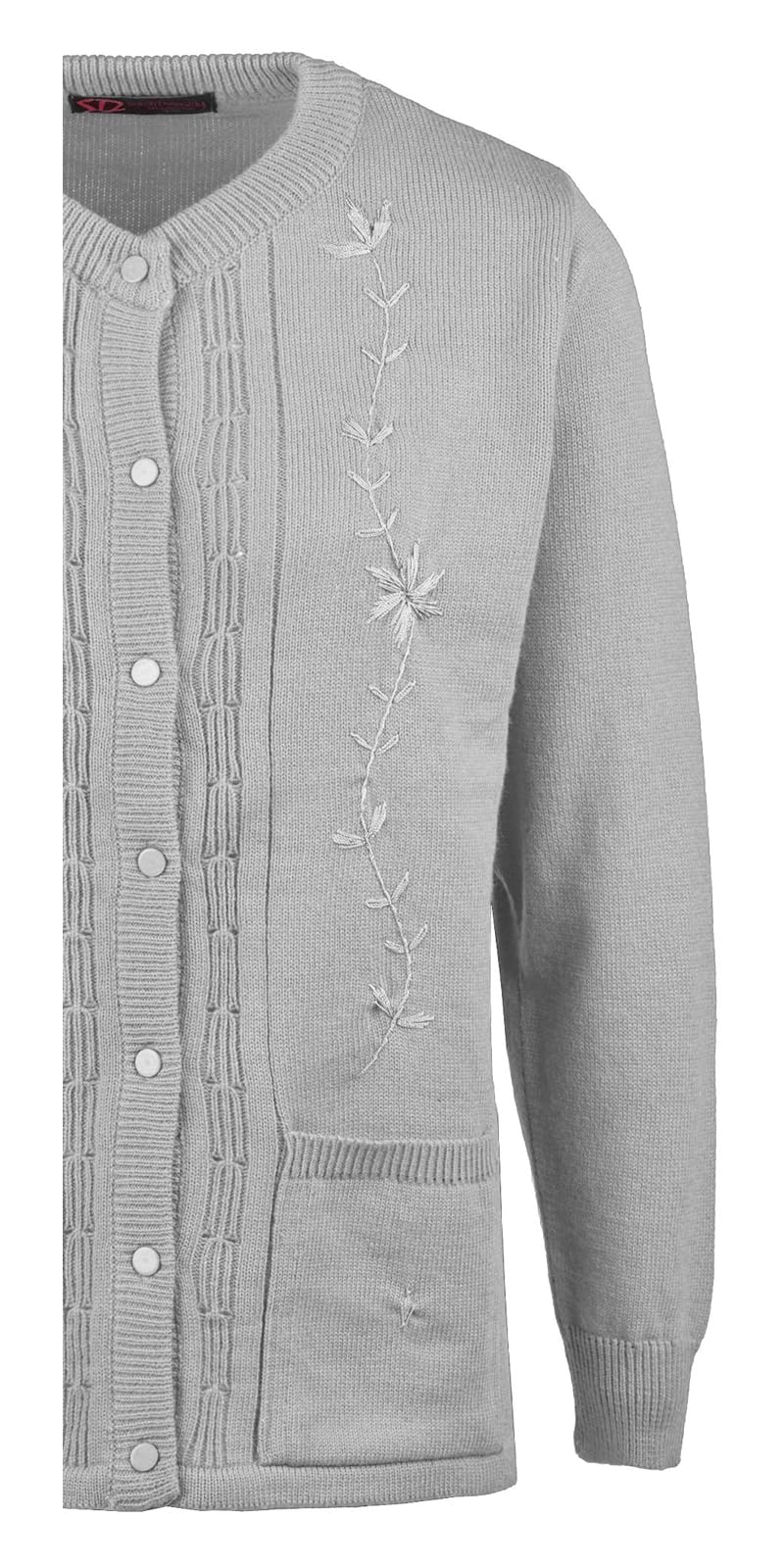 Maan Store Women’s Ladies Round Neck Button-Up Cardigan with Front Embroidery and Two Pockets