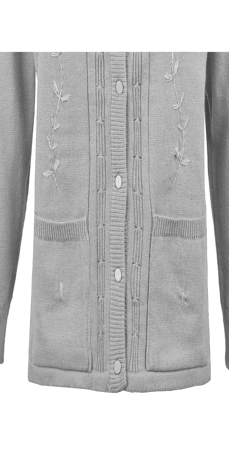 Maan Store Women’s Ladies Round Neck Button-Up Cardigan with Front Embroidery and Two Pockets