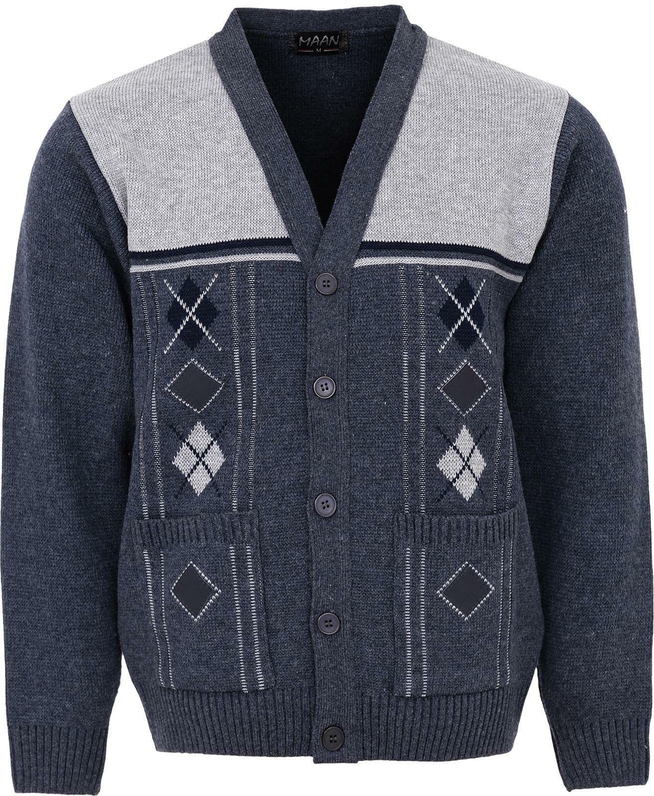 Maan Store Men's V Neck Knitted Cardigan Chunky Cable Long Sleeve Front Pockets and Button Closure