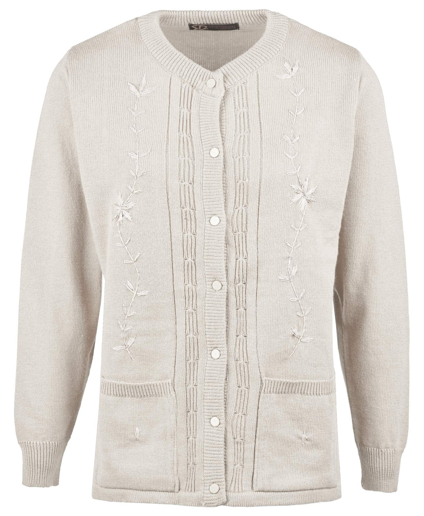Maan Store Women’s Ladies Round Neck Button-Up Cardigan with Front Embroidery and Two Pockets