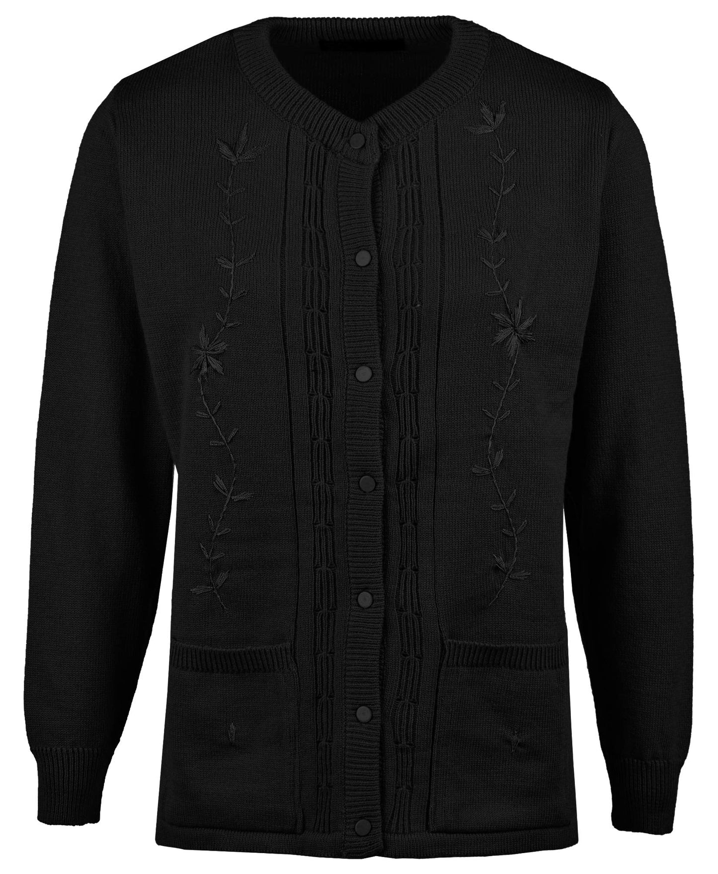 Maan Store Women’s Ladies Round Neck Button-Up Cardigan with Front Embroidery and Two Pockets
