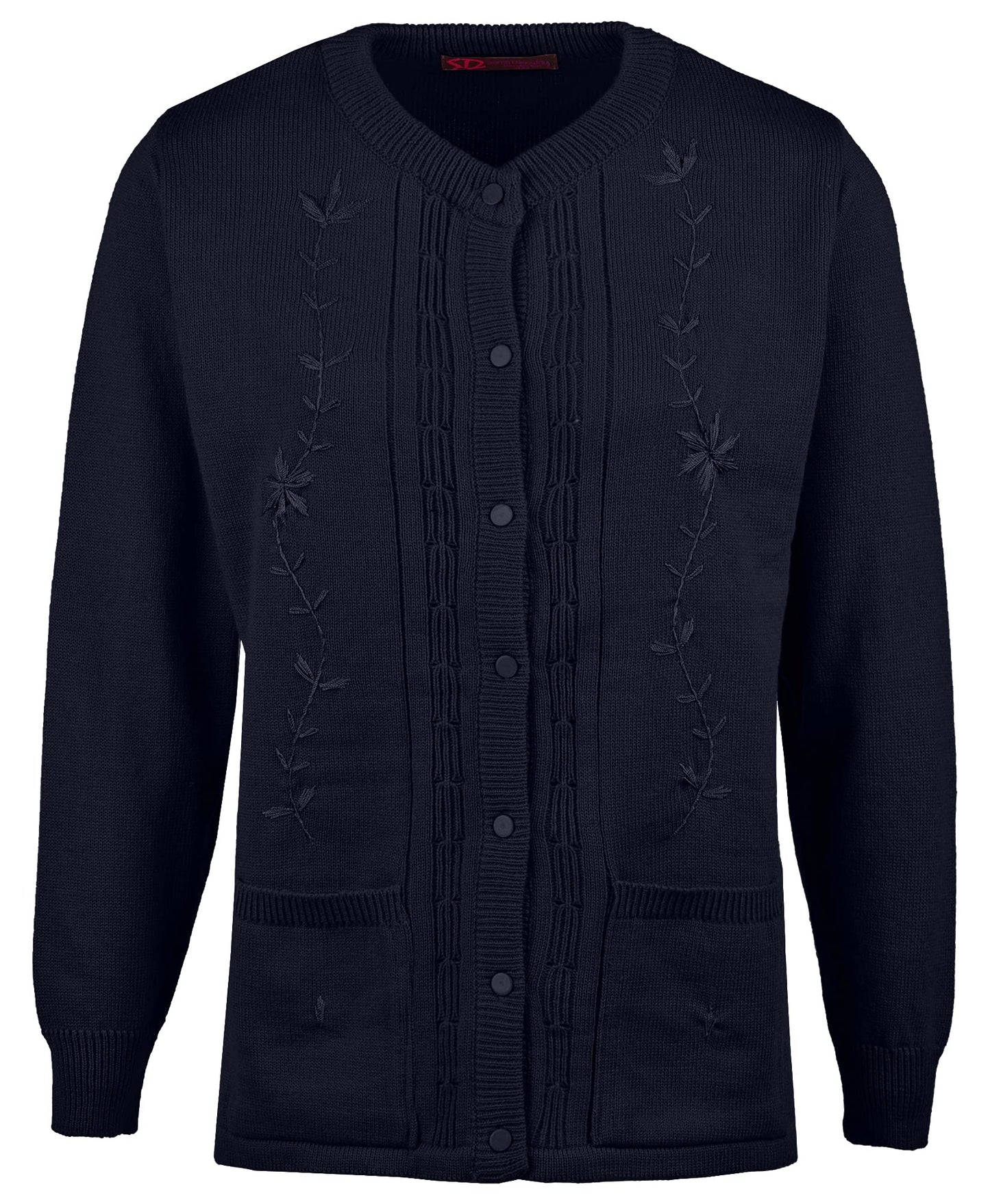 Maan Store Women’s Ladies Round Neck Button-Up Cardigan with Front Embroidery and Two Pockets