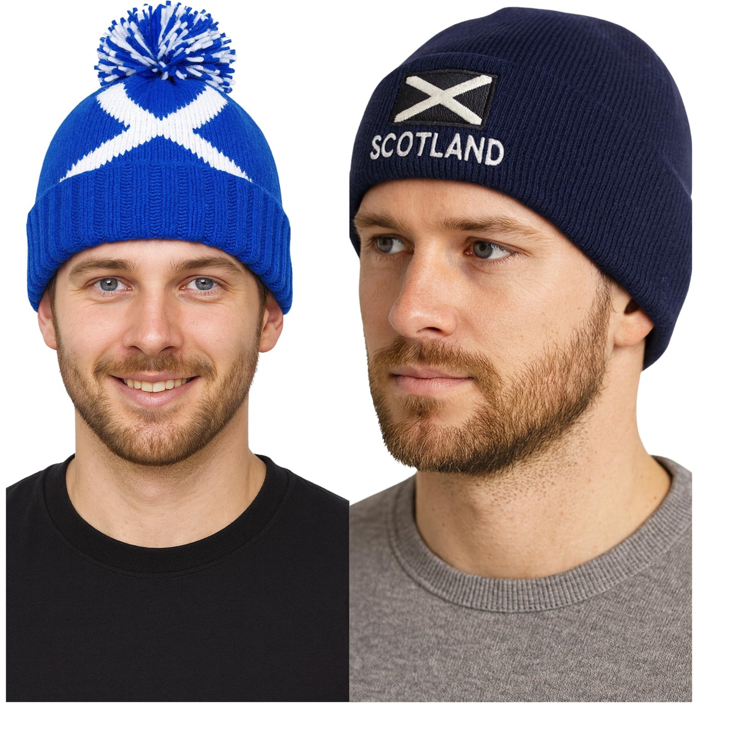 Embroidered Scotland Flag Navy Pom Pom Beanie Hat Navy for Unisex