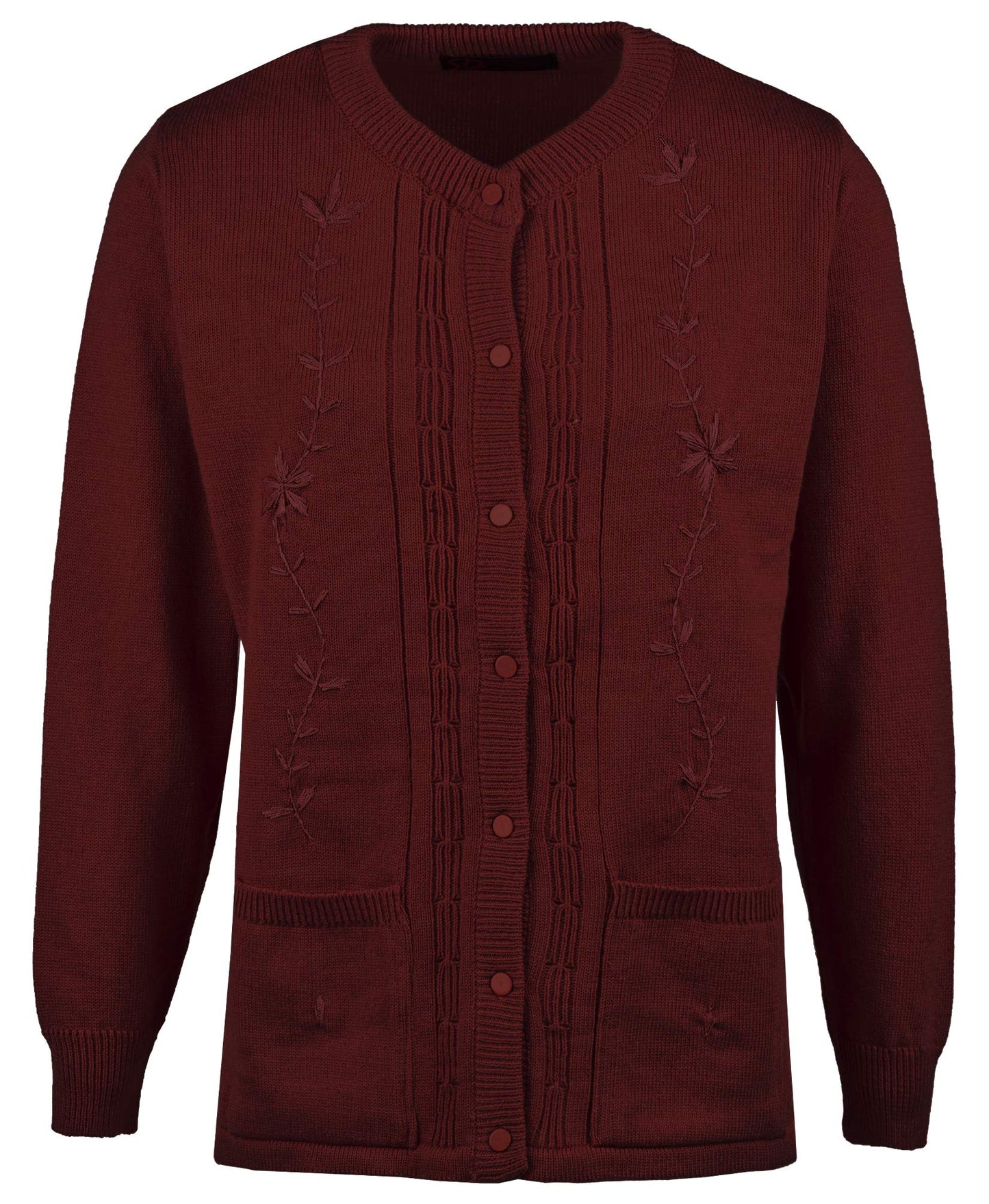 Maan Store Women’s Ladies Round Neck Button-Up Cardigan with Front Embroidery and Two Pockets