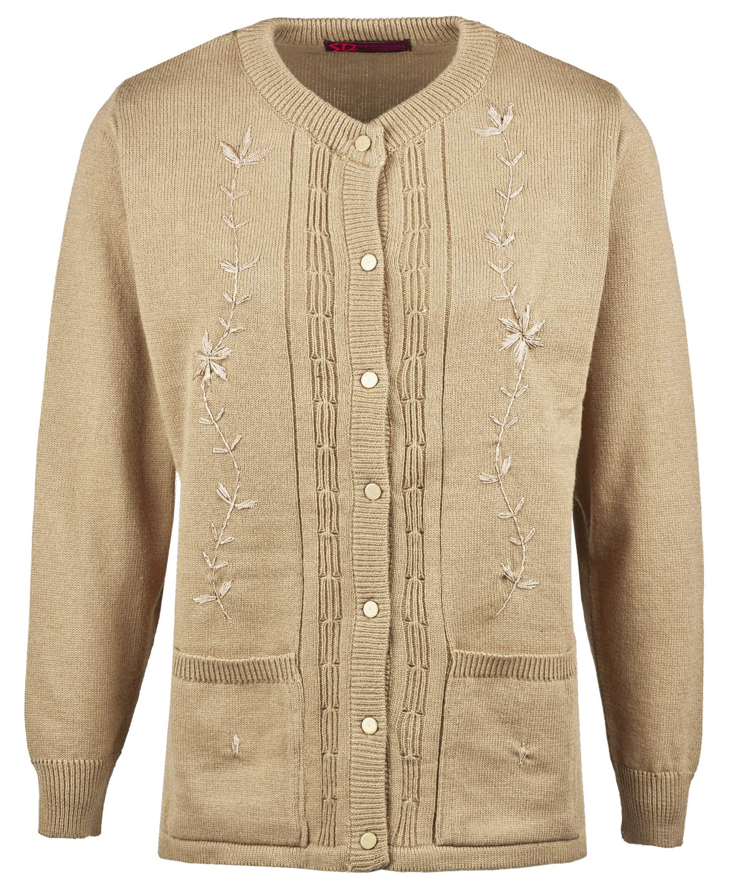 Maan Store Women’s Ladies Round Neck Button-Up Cardigan with Front Embroidery and Two Pockets
