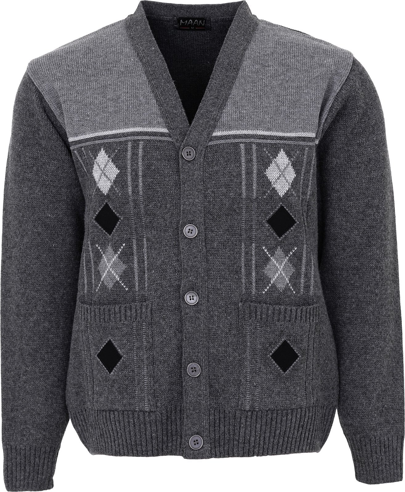 Maan Store Men's V Neck Knitted Cardigan Chunky Cable Long Sleeve Front Pockets and Button Closure