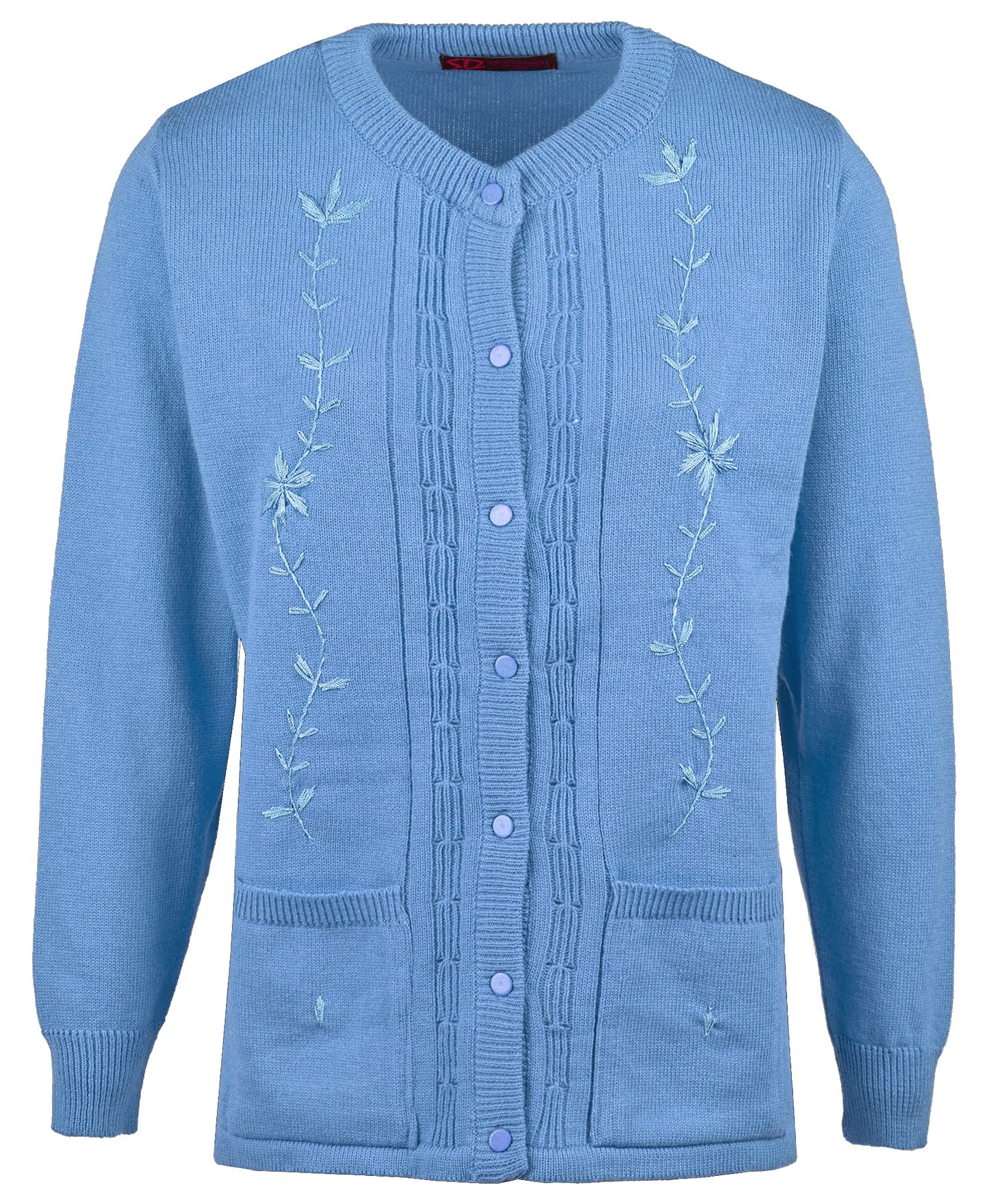Maan Store Women’s Ladies Round Neck Button-Up Cardigan with Front Embroidery and Two Pockets