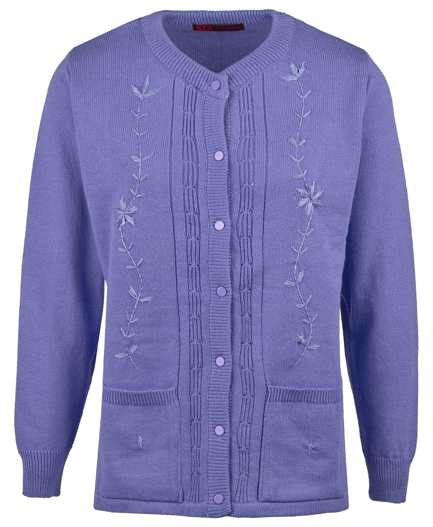 Maan Store Women’s Ladies Round Neck Button-Up Cardigan with Front Embroidery and Two Pockets