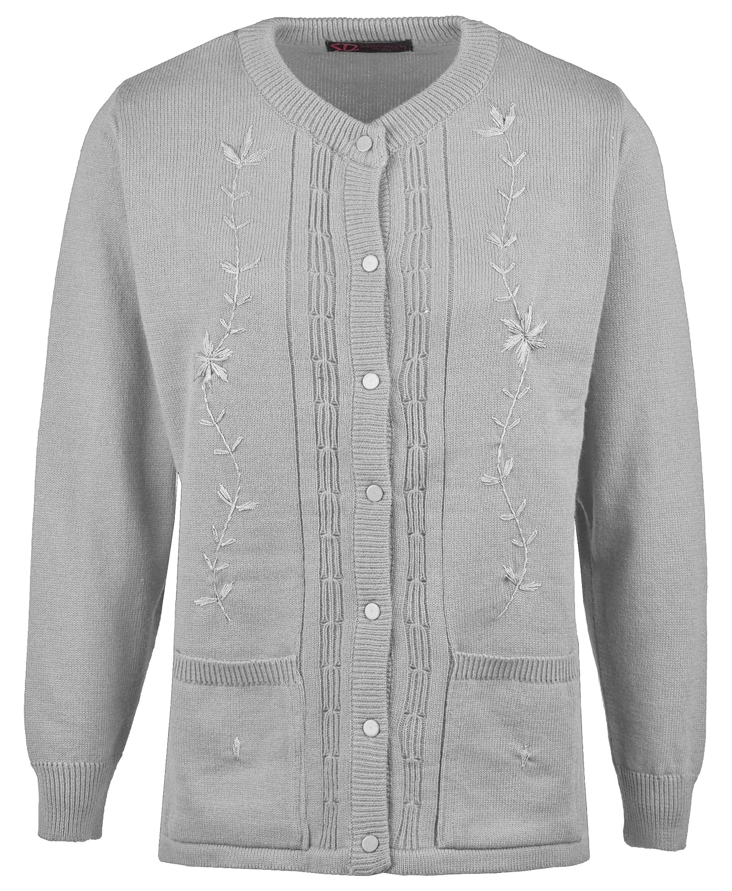 Maan Store Women’s Ladies Round Neck Button-Up Cardigan with Front Embroidery and Two Pockets