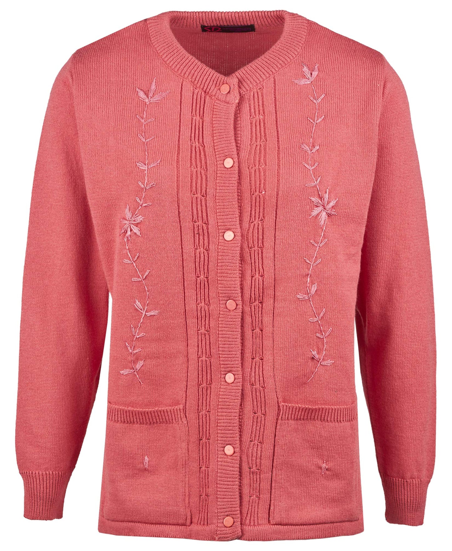 Maan Store Women’s Ladies Round Neck Button-Up Cardigan with Front Embroidery and Two Pockets