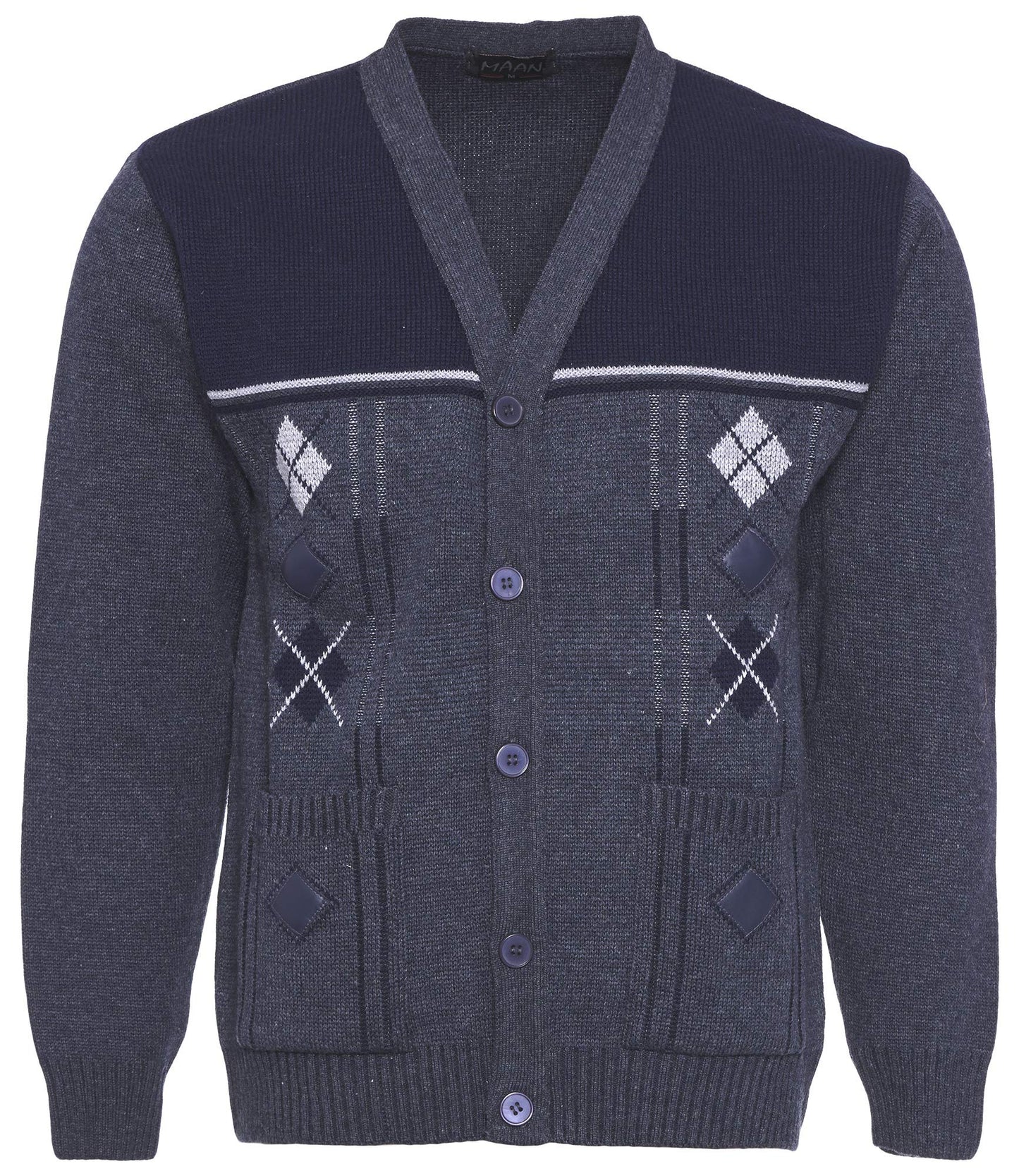 Maan Store Men's V Neck Knitted Cardigan Chunky Cable Long Sleeve Front Pockets and Button Closure