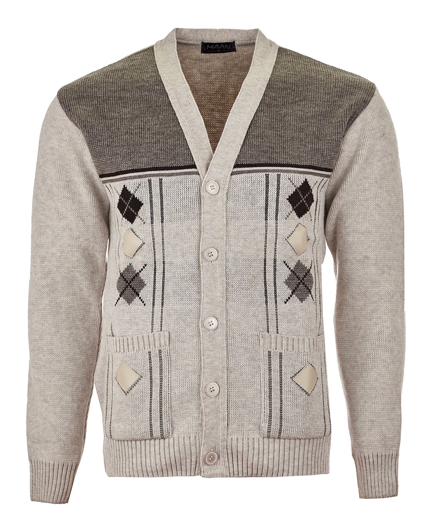 Maan Store Men's V Neck Knitted Cardigan Chunky Cable Long Sleeve Front Pockets and Button Closure