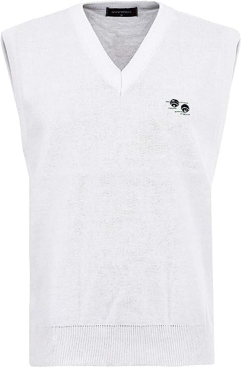 Guv'nors Mens Bowling Tank Top Knitted Sleeveless Jumper White with Bowls Logo On The Front V Neck