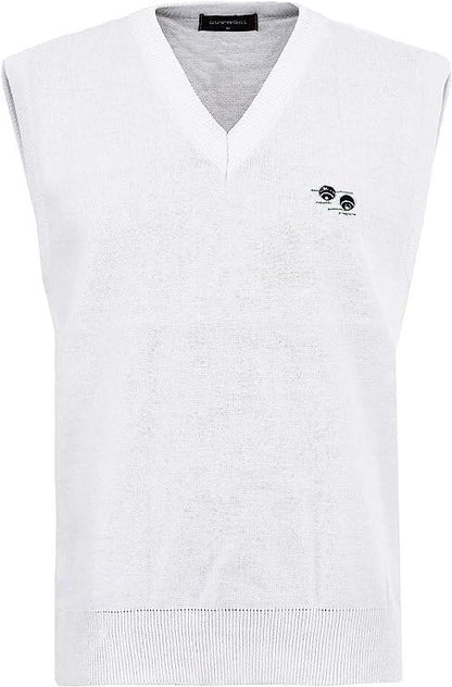 Guv'nors Mens Bowling Tank Top Knitted Sleeveless Jumper White with Bowls Logo On The Front V Neck