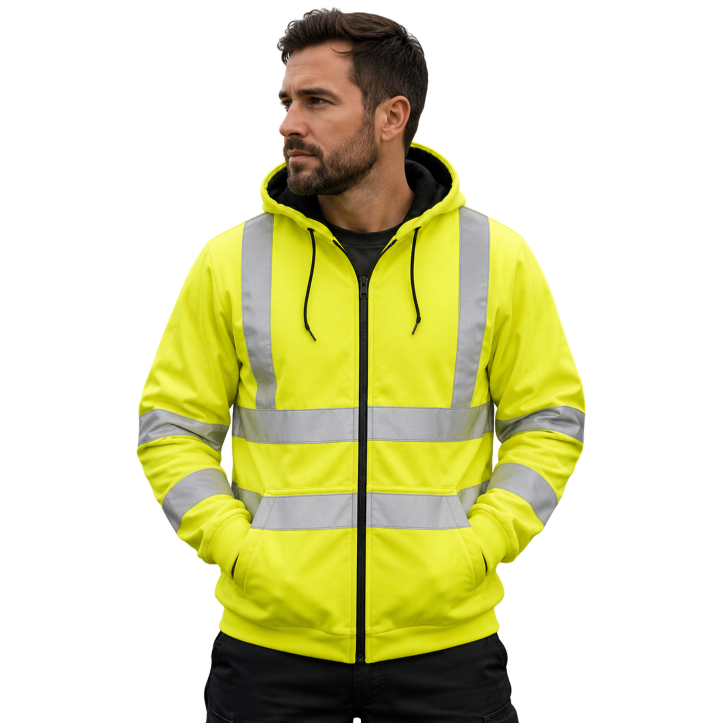 Men’s Hi Vis Reflective Safety Hoodie Jacket Full Zip Yellow Workwear XL0
