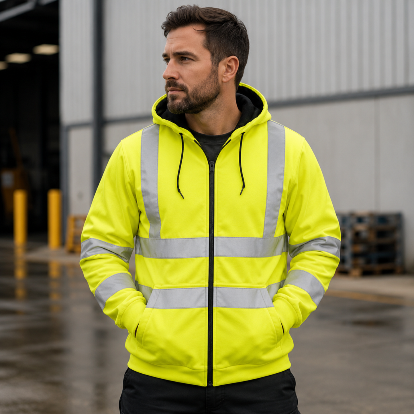 Men’s Hi Vis Reflective Safety Hoodie Jacket Full Zip Yellow Workwear XL2