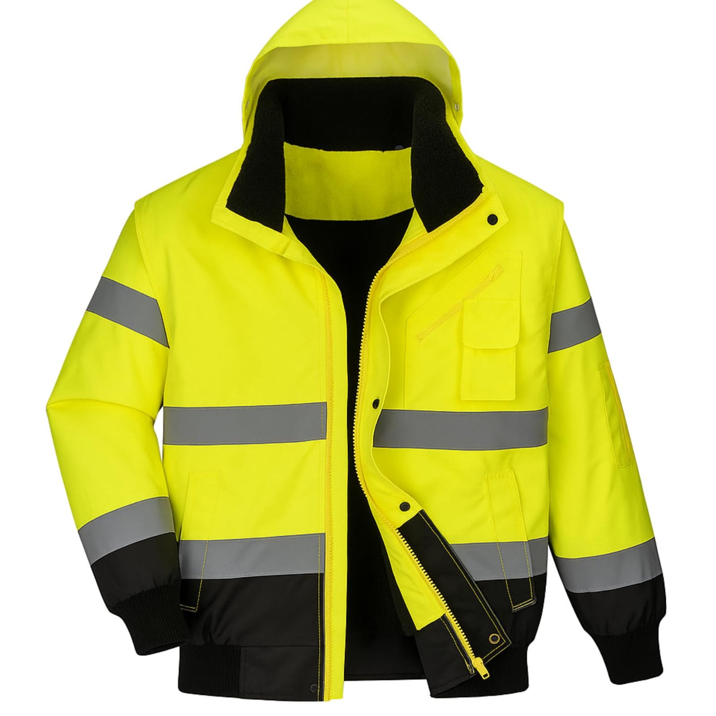 Portwest Hi-Vis Coat 3-in-1 Zip Fleece Hoodie Jacket with Removable Sherpa-Lined Inner Coat