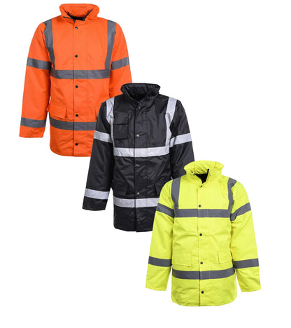 Mens High Visibility Jacket Long Length Waterproof Windproof with Concealed Hood