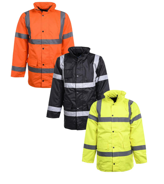 Mens High Visibility Jacket Long Length Waterproof Windproof with Concealed Hood