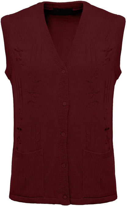 Maan Store Women's Sleeveless Knitted Waistcoat Button-Up Cardigan with Embroidery and Front Pockets V Neck Ladies Pull Over Sweater
