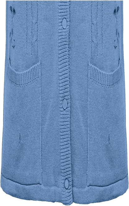 Maan Store Women's Sleeveless Knitted Waistcoat Button-Up Cardigan with Embroidery and Front Pockets V Neck Ladies Pull Over Sweater