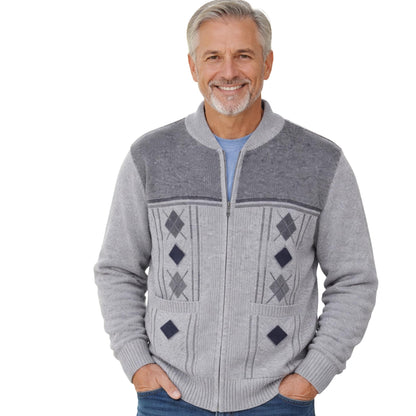 Men's Knitted Cardigan Zip Chunky Cable Knit Long Sleeve with Front Pockets