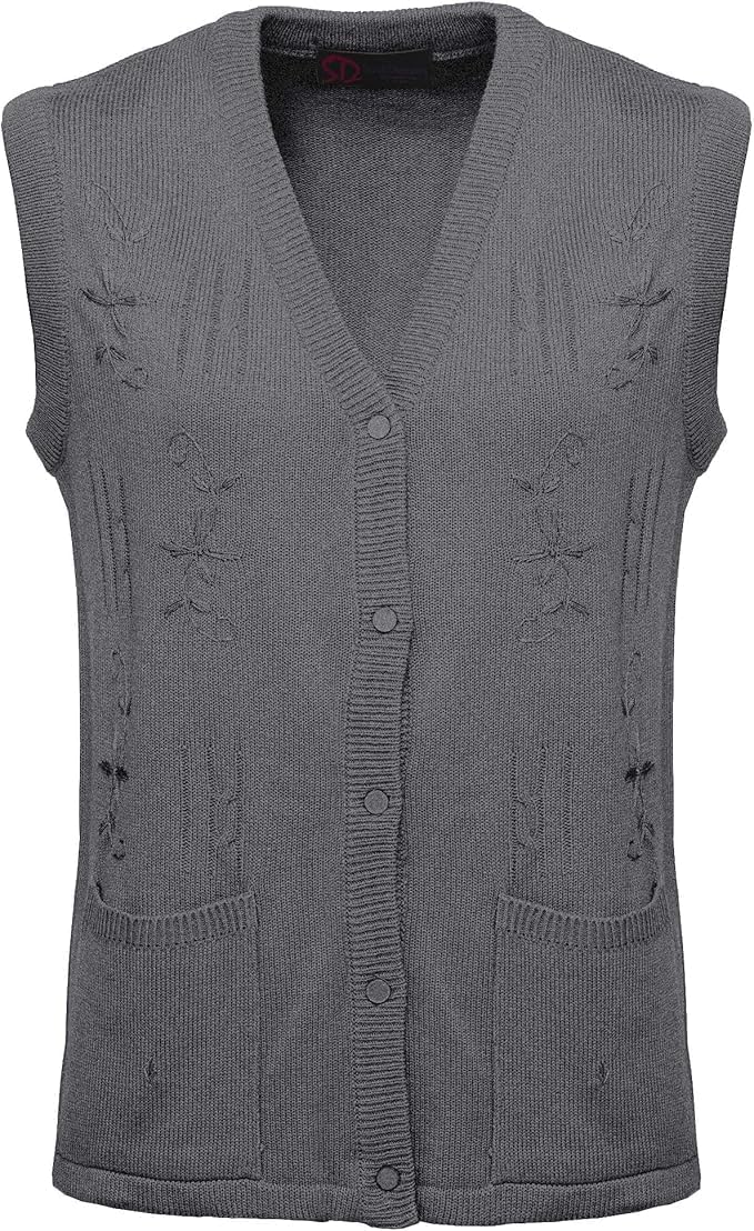 Maan Store Women's Sleeveless Knitted Waistcoat Button-Up Cardigan with Embroidery and Front Pockets V Neck Ladies Pull Over Sweater