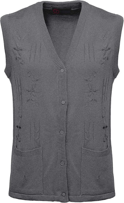 Maan Store Women's Sleeveless Knitted Waistcoat Button-Up Cardigan with Embroidery and Front Pockets V Neck Ladies Pull Over Sweater