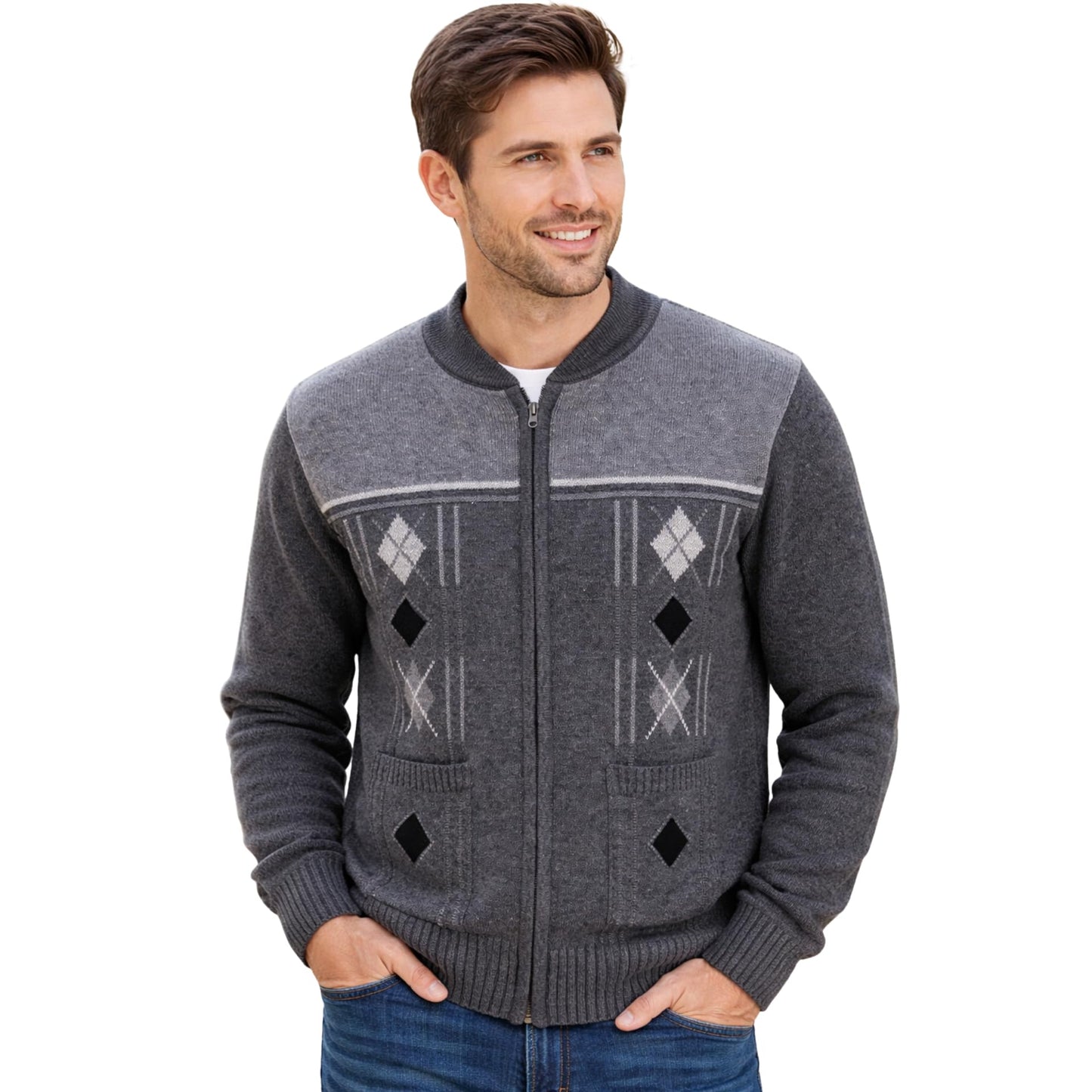 Men's Knitted Cardigan Zip Chunky Cable Knit Long Sleeve with Front Pockets