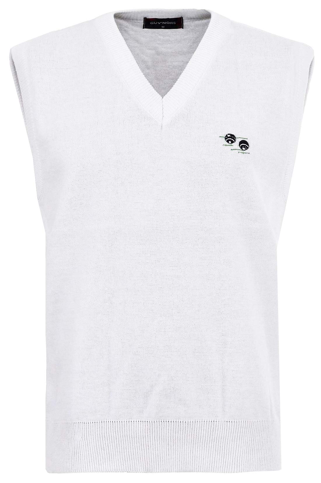 Guv'nors Mens Bowling Tank Top Knitted Sleeveless Jumper White with Bowls Logo On The Front V Neck
