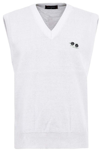 Guv'nors Mens Bowling Tank Top Knitted Sleeveless Jumper White with Bowls Logo On The Front V Neck