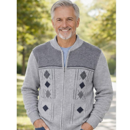 Men's Knitted Cardigan Zip Chunky Cable Knit Long Sleeve with Front Pockets