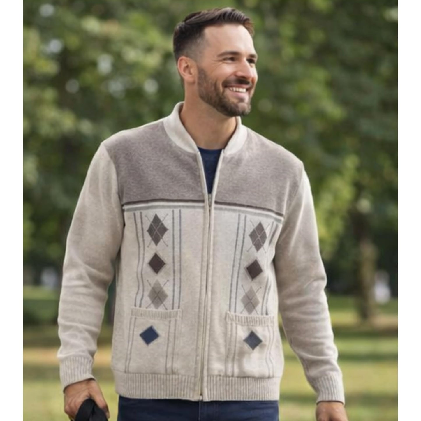 Men's Knitted Cardigan Zip Chunky Cable Knit Long Sleeve with Front Pockets