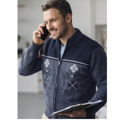 Men's Knitted Cardigan Zip Chunky Cable Knit Long Sleeve with Front Pockets