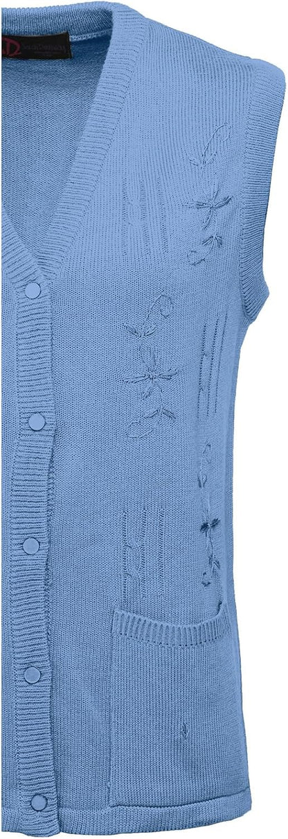 Maan Store Women's Sleeveless Knitted Waistcoat Button-Up Cardigan with Embroidery and Front Pockets V Neck Ladies Pull Over Sweater