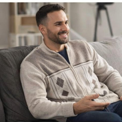 Men's Knitted Cardigan Zip Chunky Cable Knit Long Sleeve with Front Pockets