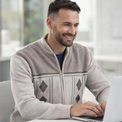 Men's Knitted Cardigan Zip Chunky Cable Knit Long Sleeve with Front Pockets