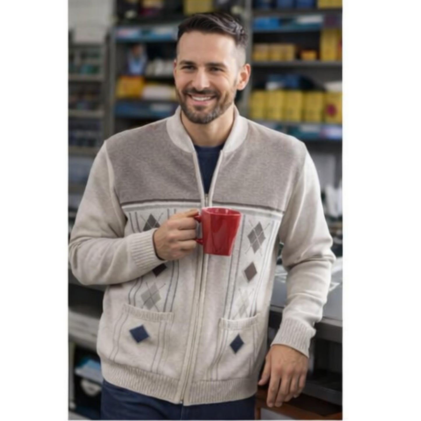 Men's Knitted Cardigan Zip Chunky Cable Knit Long Sleeve with Front Pockets