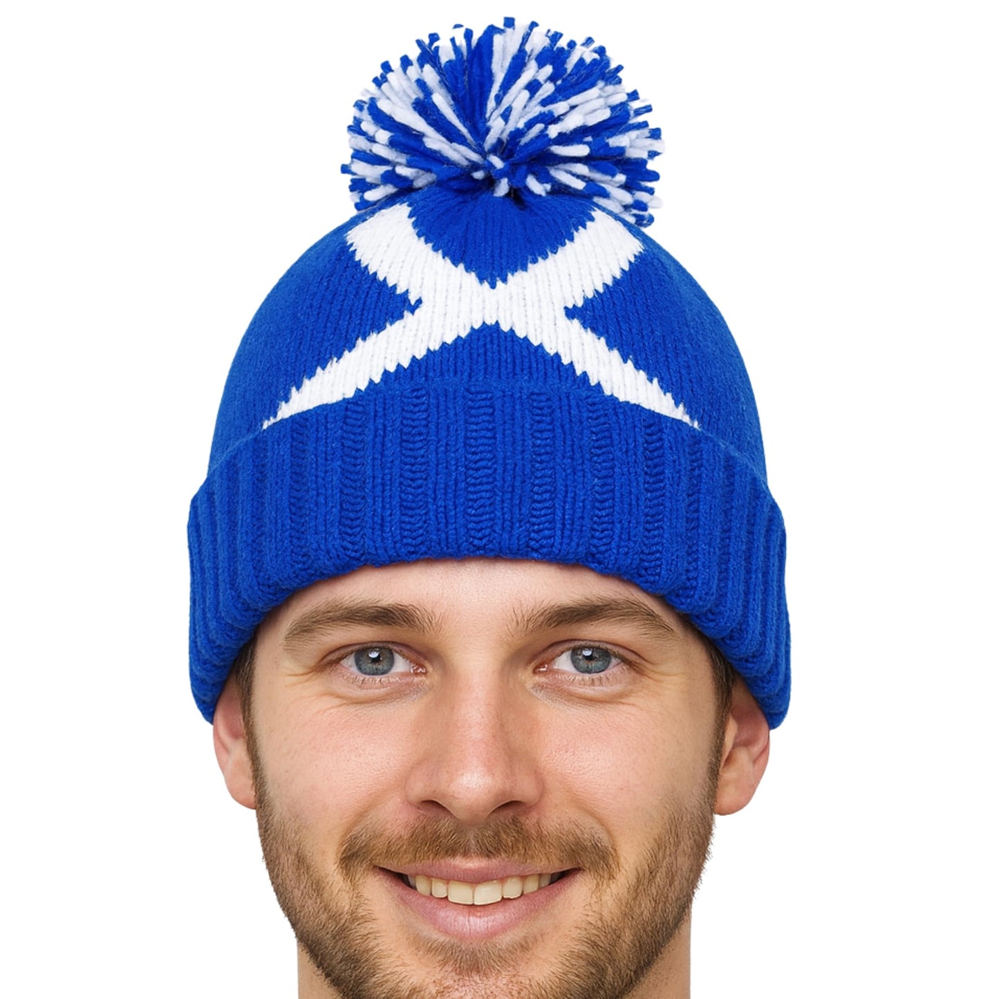 Embroidered Scotland Flag Navy Pom Pom Beanie Hat Navy for Unisex