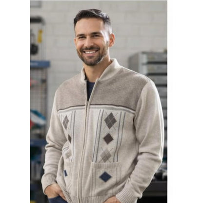 Men's Knitted Cardigan Zip Chunky Cable Knit Long Sleeve with Front Pockets