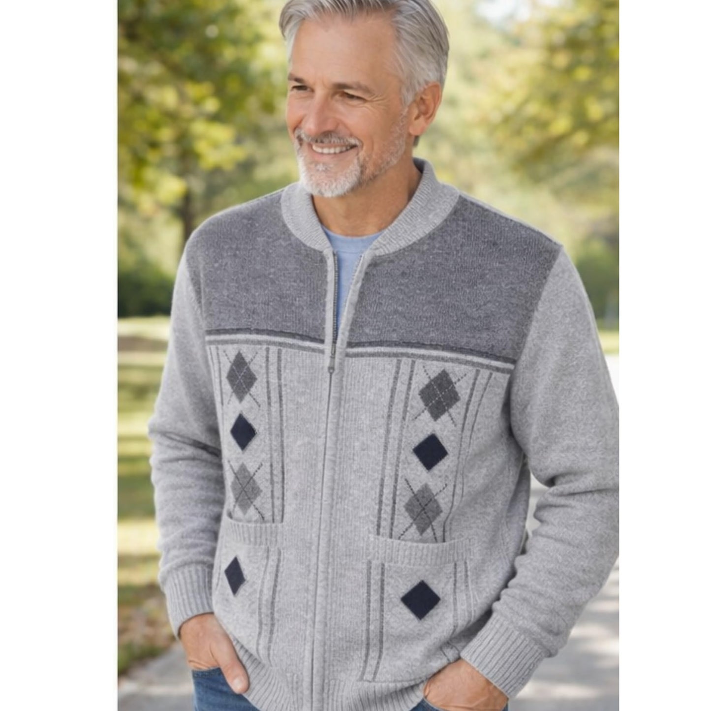 Men's Knitted Cardigan Zip Chunky Cable Knit Long Sleeve with Front Pockets
