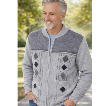 Men's Knitted Cardigan Zip Chunky Cable Knit Long Sleeve with Front Pockets