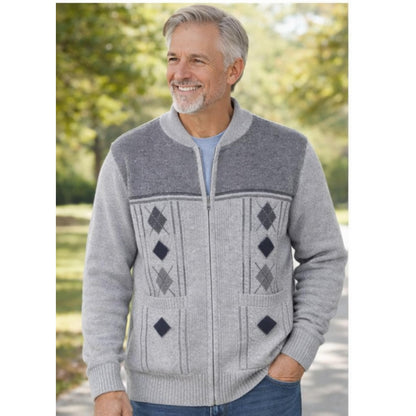 Men's Knitted Cardigan Zip Chunky Cable Knit Long Sleeve with Front Pockets