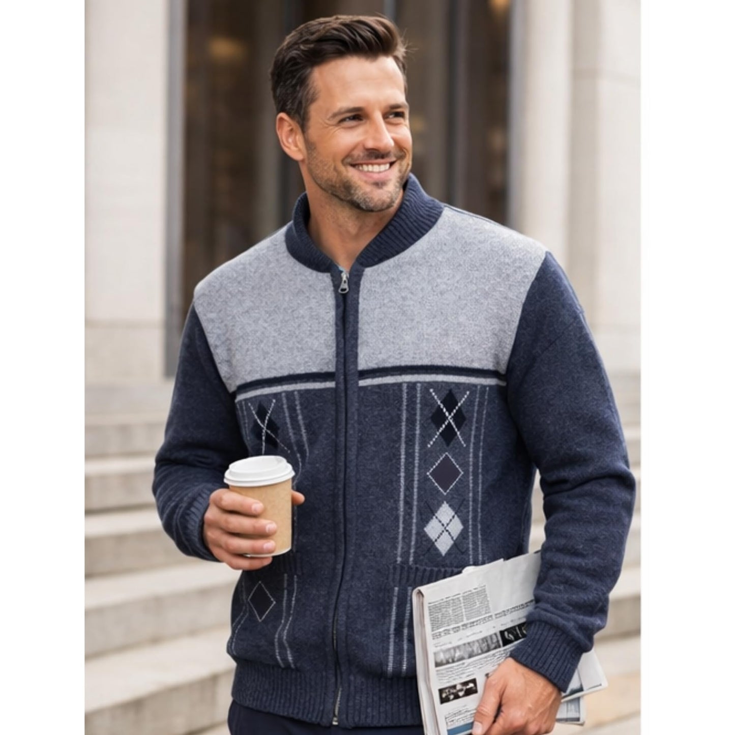 Men's Knitted Cardigan Zip Chunky Cable Knit Long Sleeve with Front Pockets