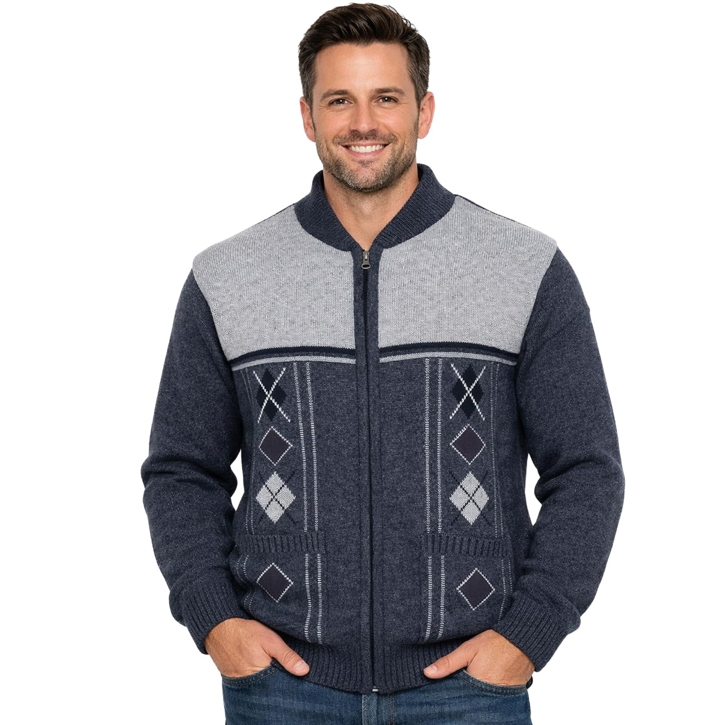 Men's Knitted Cardigan Zip Chunky Cable Knit Long Sleeve with Front Pockets