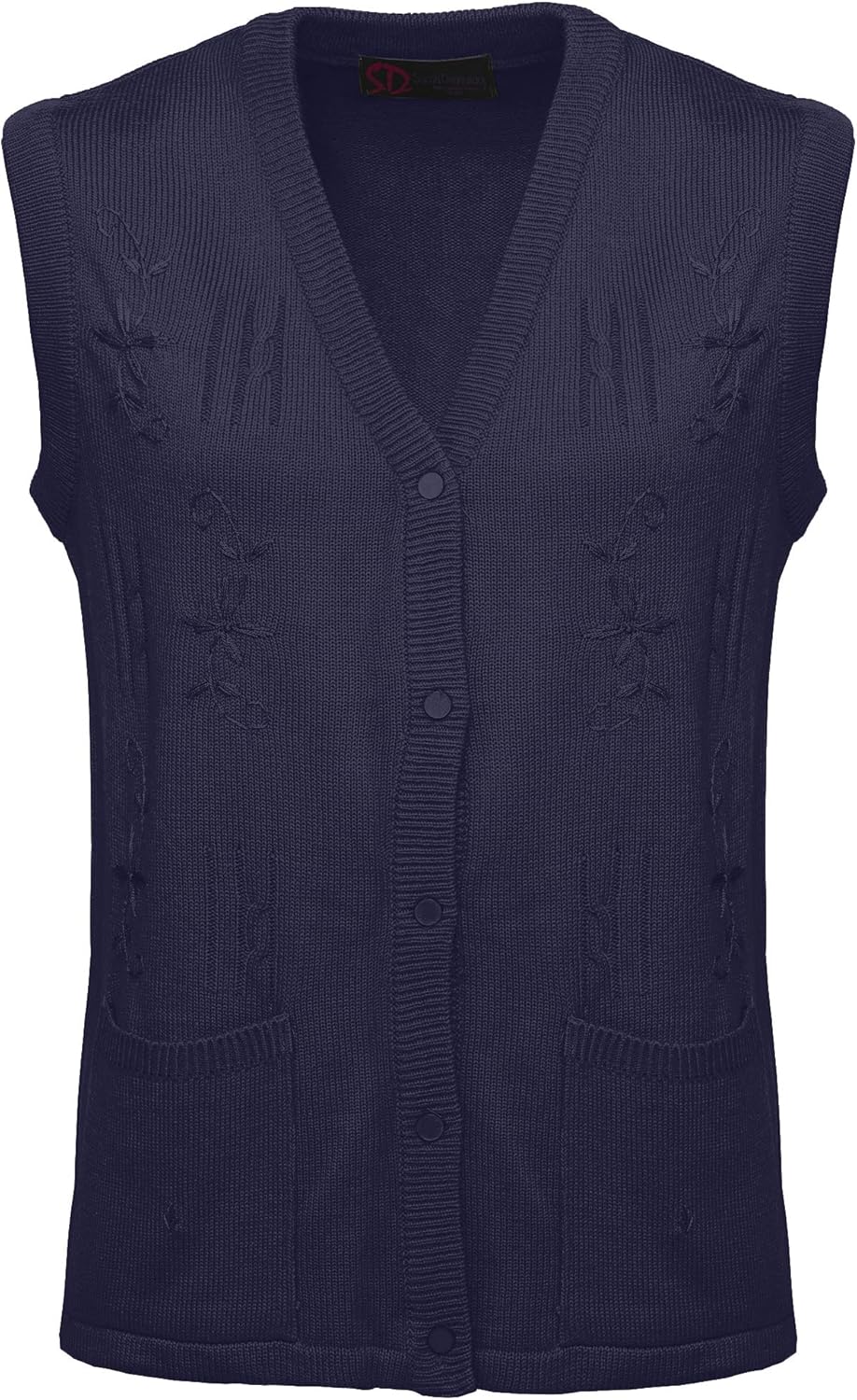 Maan Store Women's Sleeveless Knitted Waistcoat Button-Up Cardigan with Embroidery and Front Pockets V Neck Ladies Pull Over Sweater