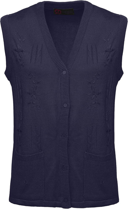 Maan Store Women's Sleeveless Knitted Waistcoat Button-Up Cardigan with Embroidery and Front Pockets V Neck Ladies Pull Over Sweater