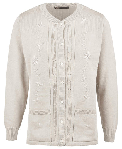 Maan Store Women’s Ladies Round Neck Button-Up Cardigan with Front Embroidery and Two Pockets