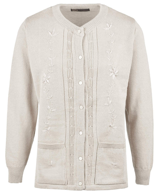 Maan Store Women’s Ladies Round Neck Button-Up Cardigan with Front Embroidery and Two Pockets