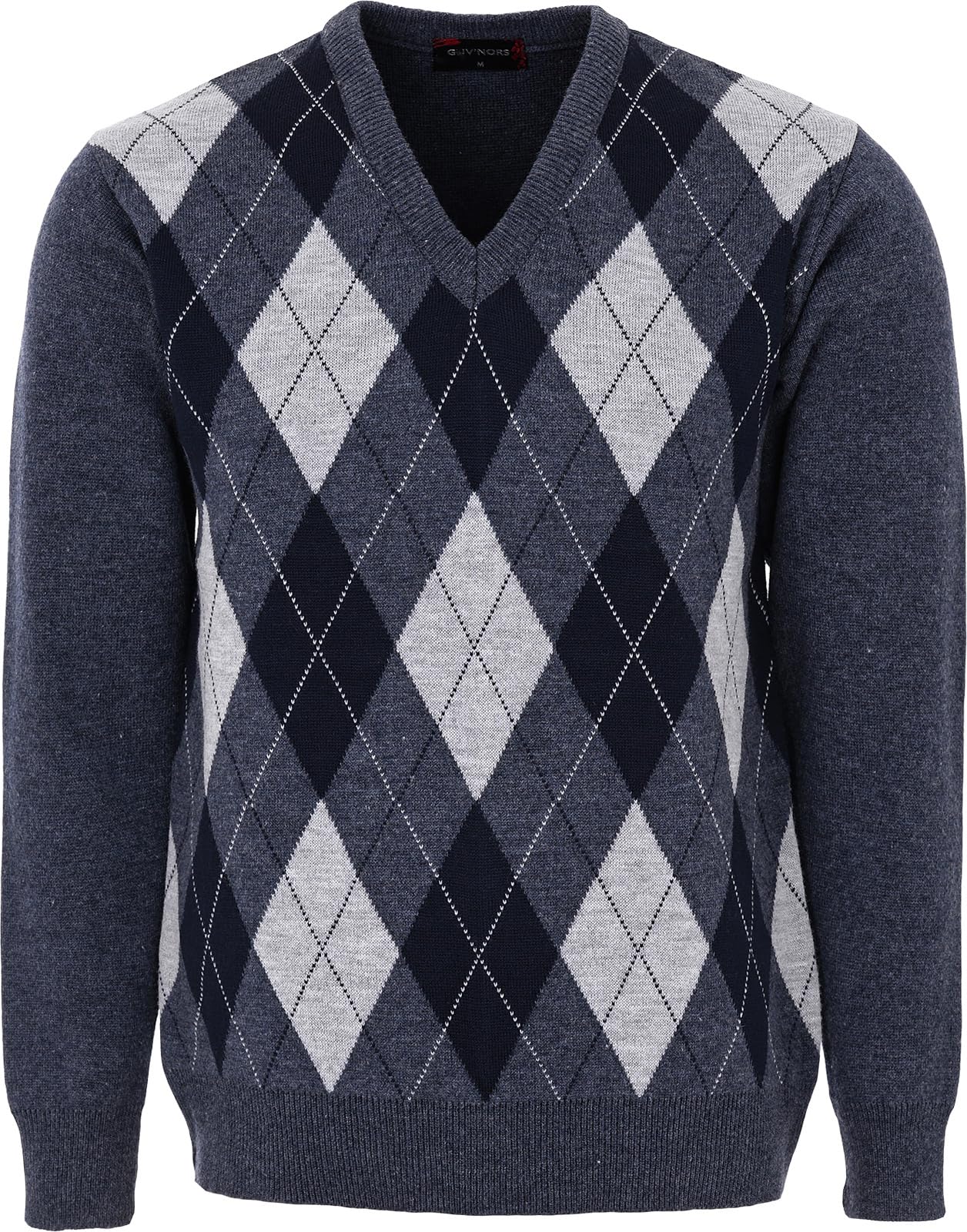 Maan Store Men's V Neck Classic Knitted Jumper Diamond Pattern Long Sleeves Top Sweater
